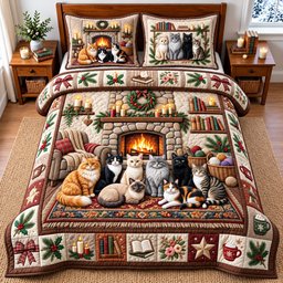 Fireplace Cat 3 Piece Quilted Bedding Set Gift For Cat Lovers
