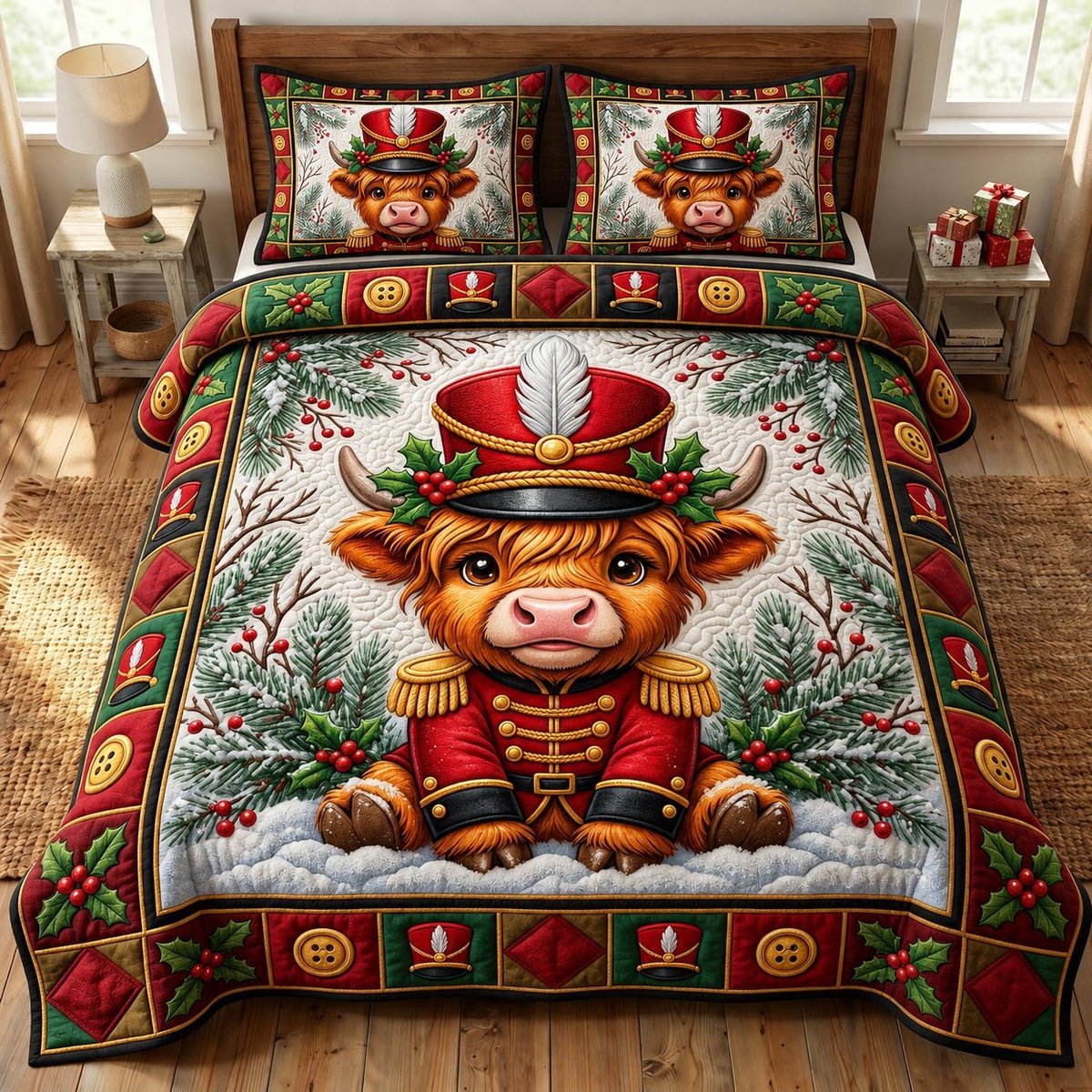 Highland Cow 3 Piece Quilted Bedding Set Christmas Gift For Cow Lovers