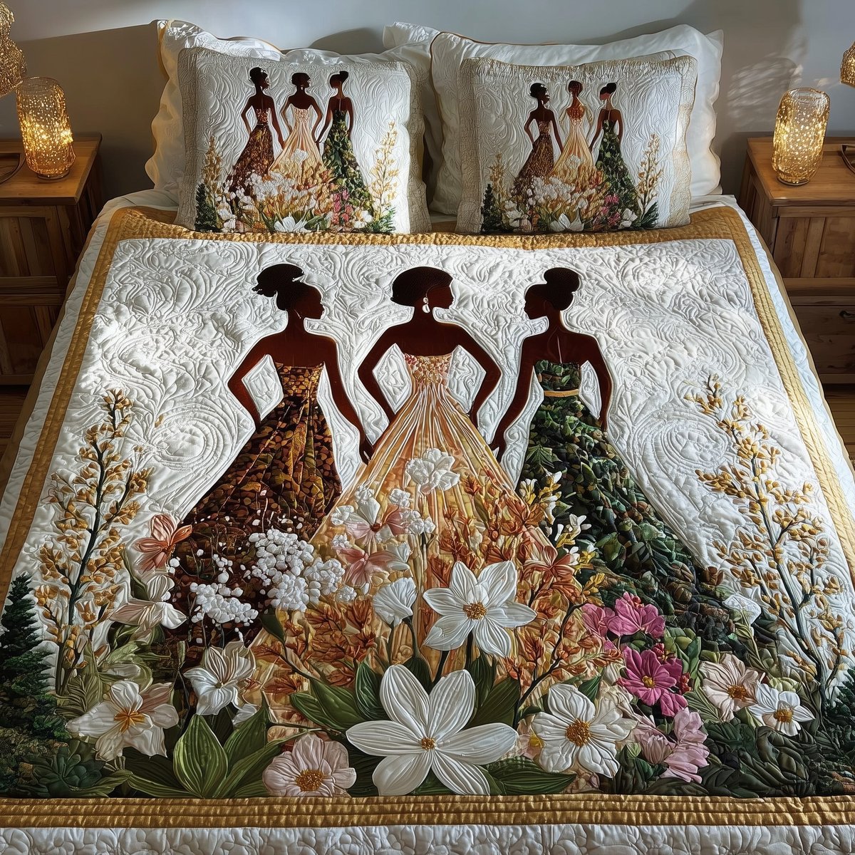 Golden Queens 3 Piece Quilted Bedding Set Gift For African American Heritage Lovers