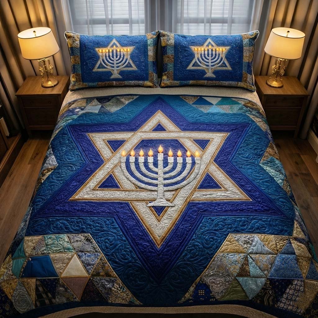 Hanukkah 3 Piece Quilted Bedding Set Gift For Home Decor Lovers