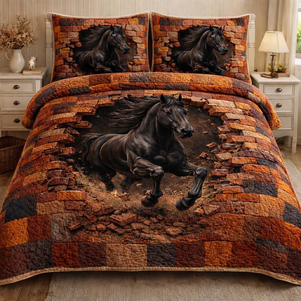 Midnight Power Stallion 3 Piece Quilted Bedding Set Gift For Horse Lovers