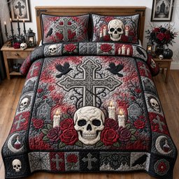 Scary Cat 3 Piece Quilted Bedding Set Halloween Gift For Gothic Decor Lovers