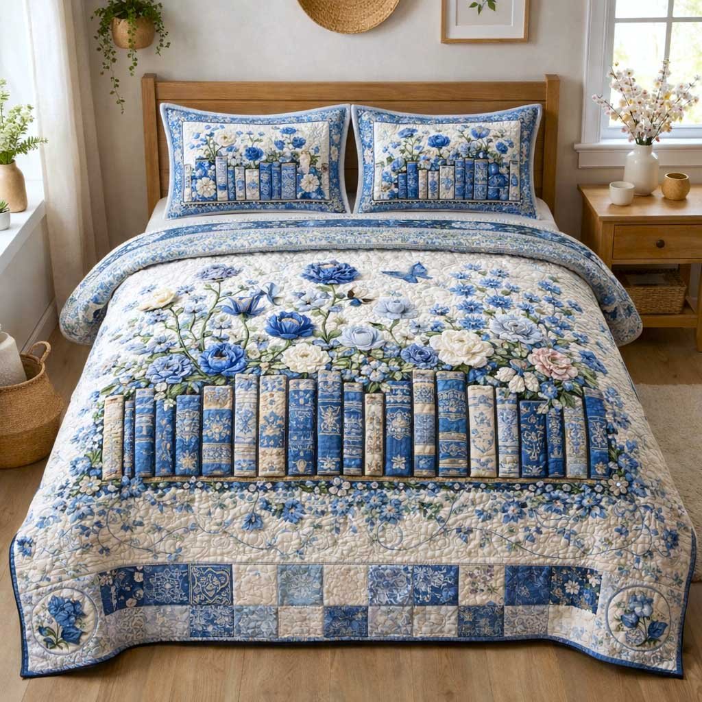 Blooming Books 3 Piece Quilted Bedding Set Gift For Book Lovers