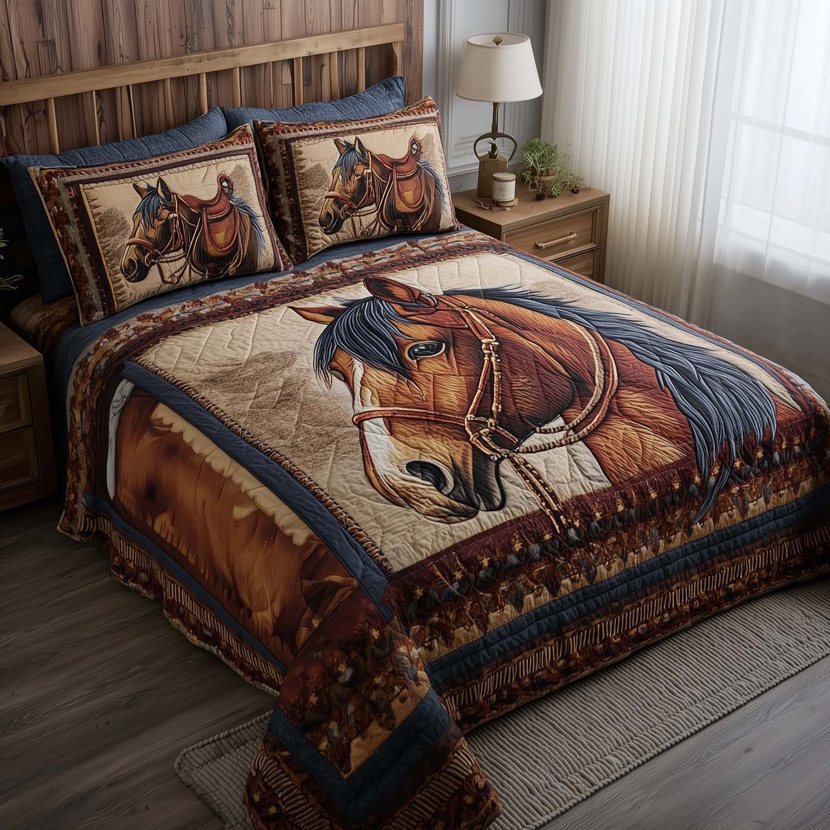 Prairie Horse 3 Piece Quilted Bedding Set Gift For Horse Lovers