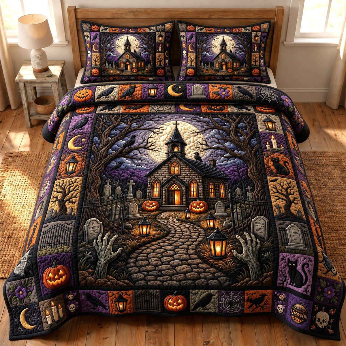 Haunted 3 Piece Quilted Bedding Set Halloween Gift For Gothic Decor Lovers