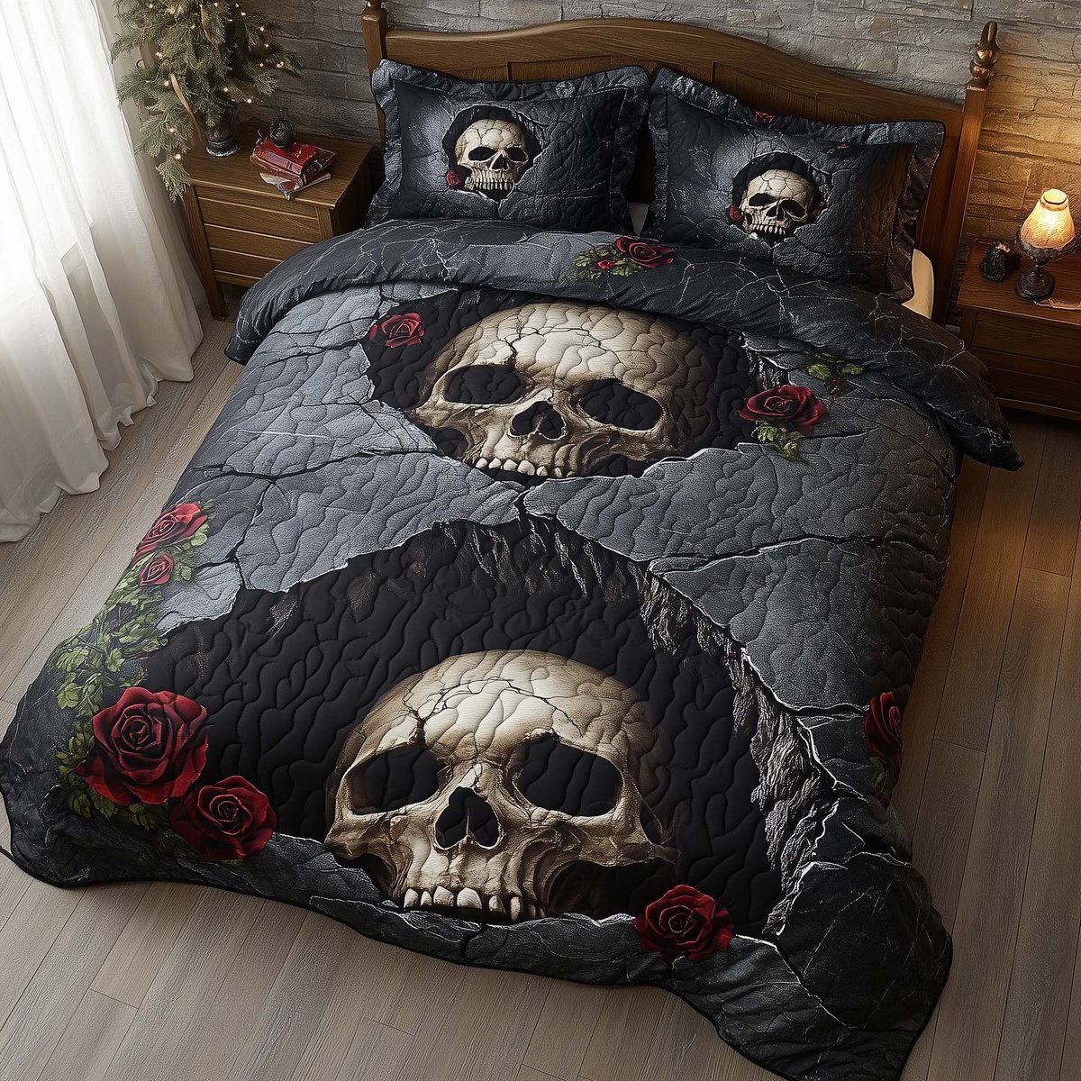 Romantic Gothic Skulls 3 Piece Quilted Bedding Set Gift For Gothic Decor Lovers
