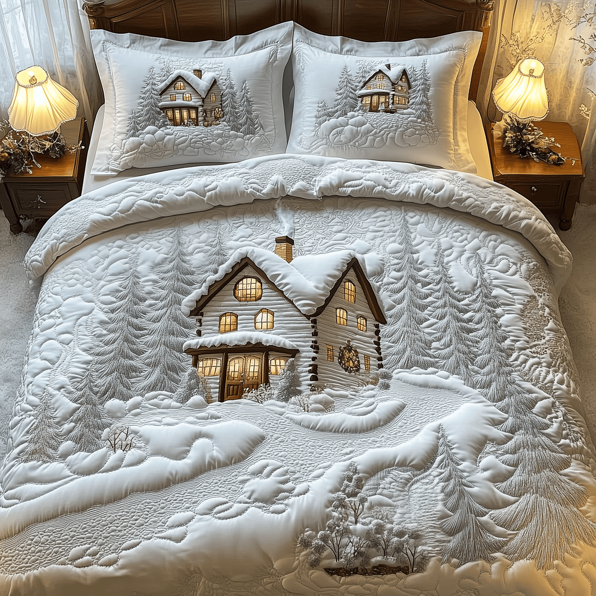 Elegant White Cabin 3 Piece Quilted Bedding Set Christmas Gift For Holiday Decor Lovers