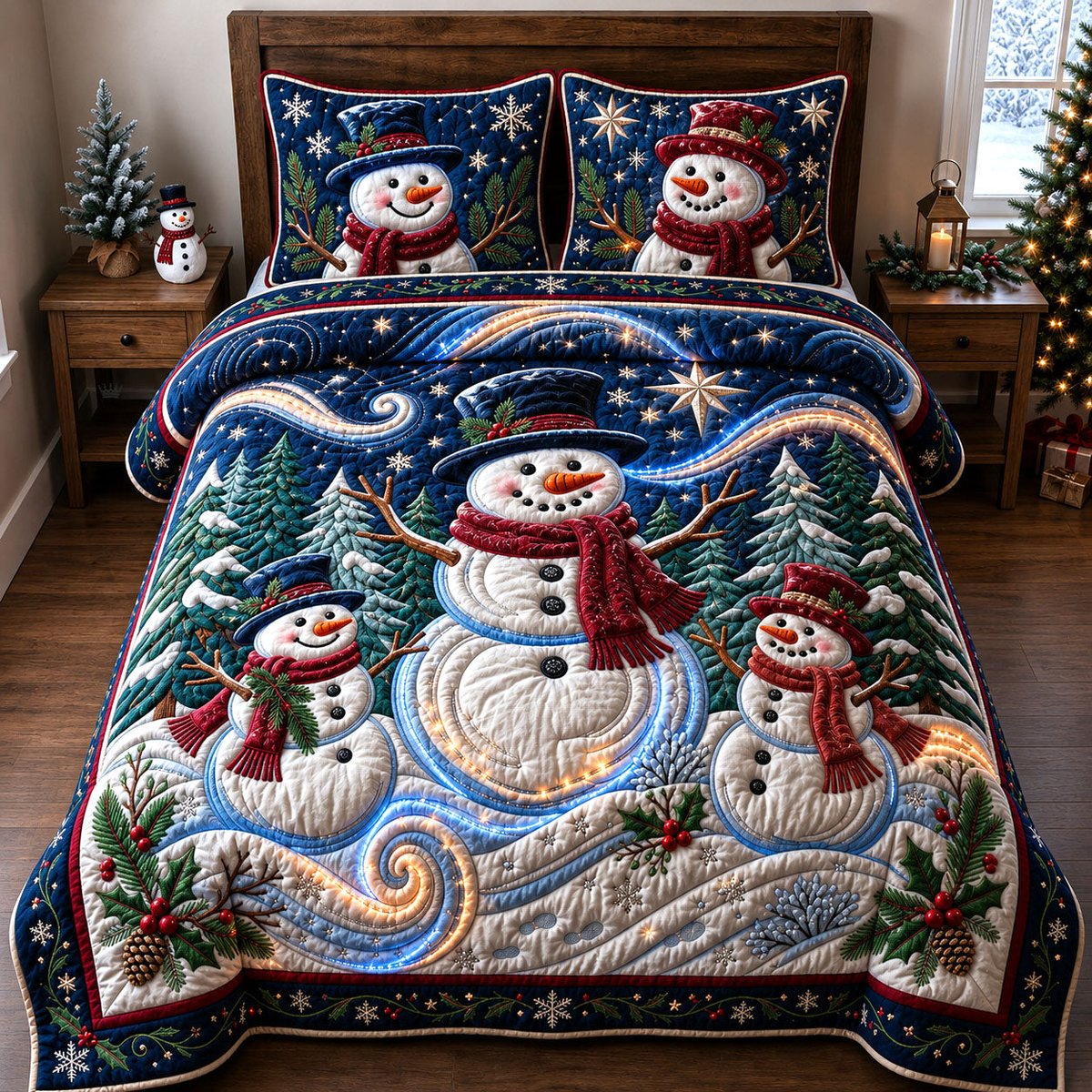 Sparkly Snowman 3 Piece Quilted Bedding Set Gift For Holiday Decor Lovers