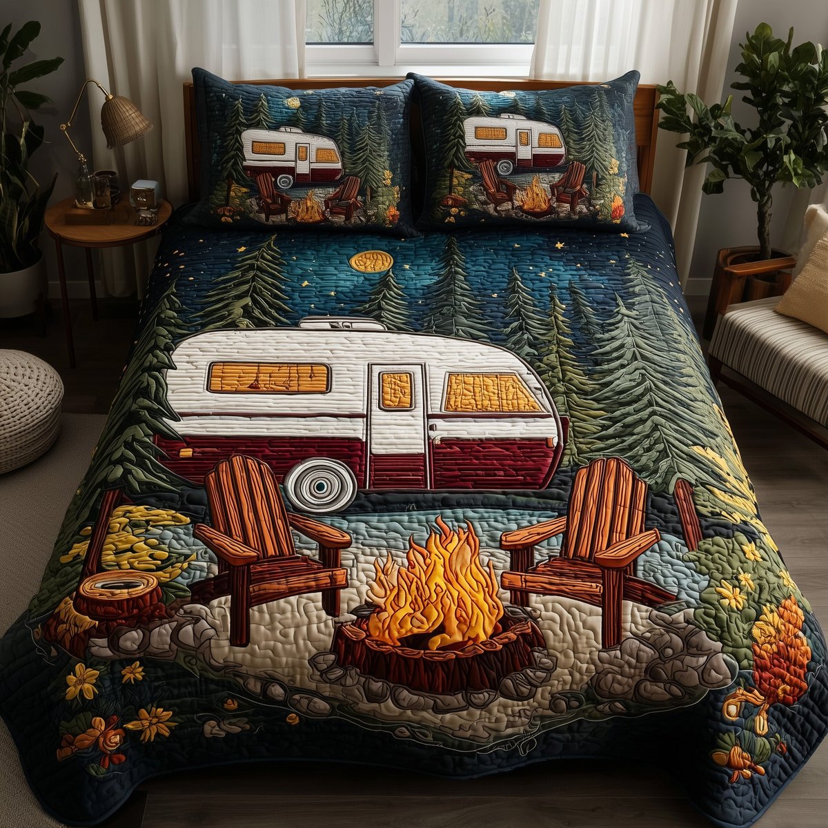 Campfire Dreams 3 Piece Quilted Bedding Set Gift For Campers