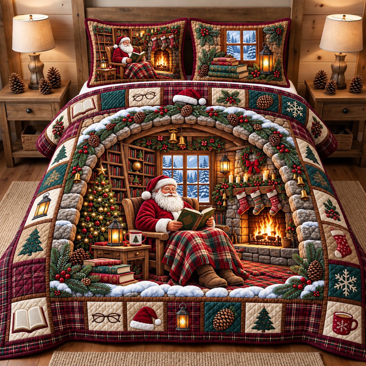 Cozy Santa 3 Piece Quilted Bedding Set Christmas Gift For Holiday Decor Lovers