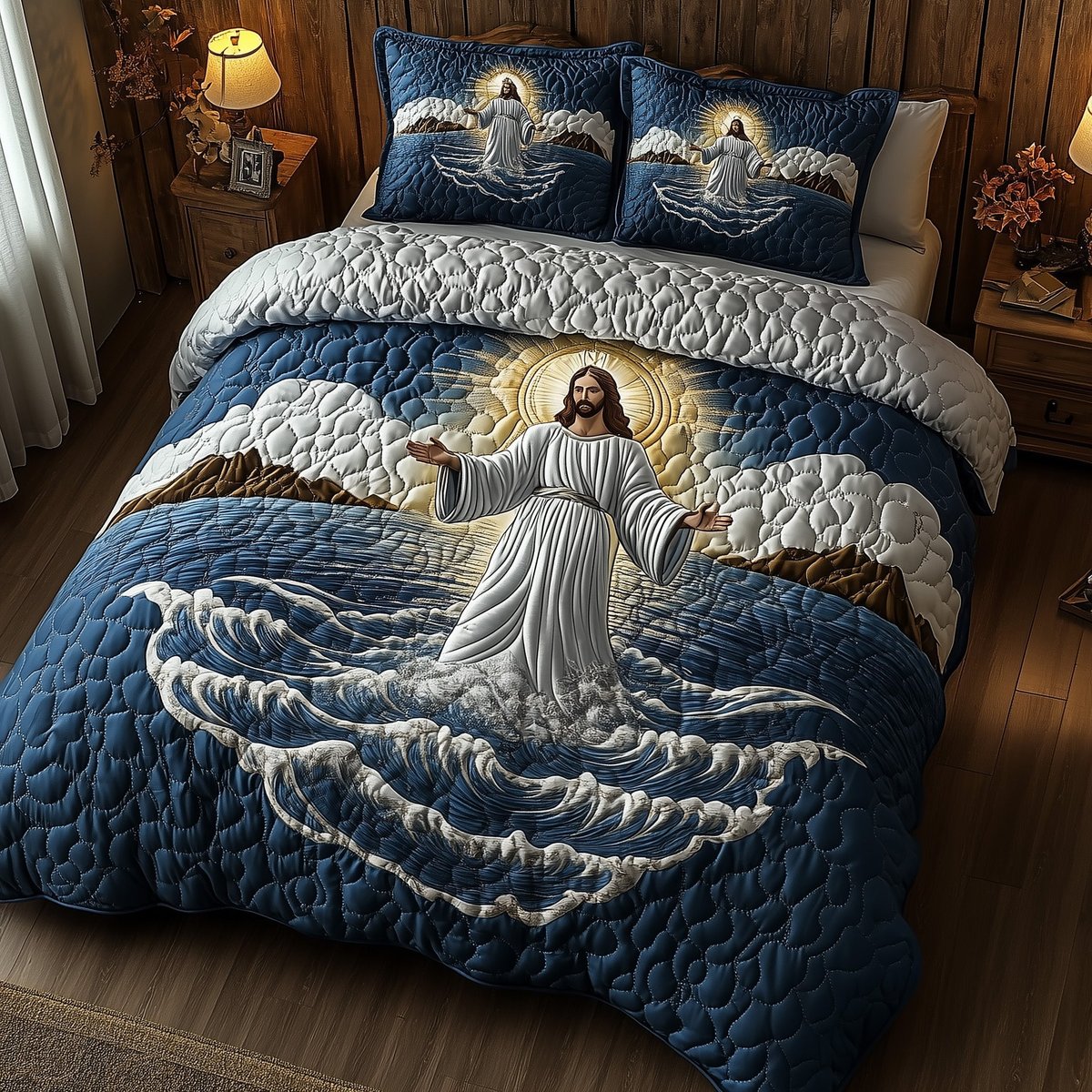 Jesus Walking on Water 3 Piece Quilted Bedding Set Gift For Christians