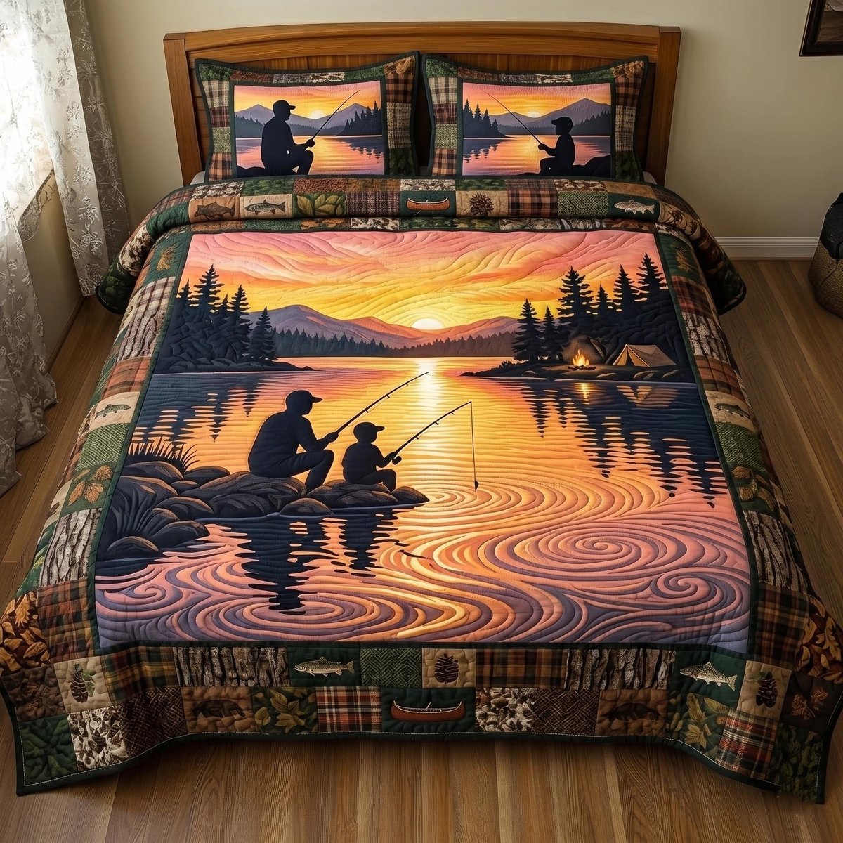 Lake Angler 3 Piece Quilted Bedding Set Gift For Fishing Lovers