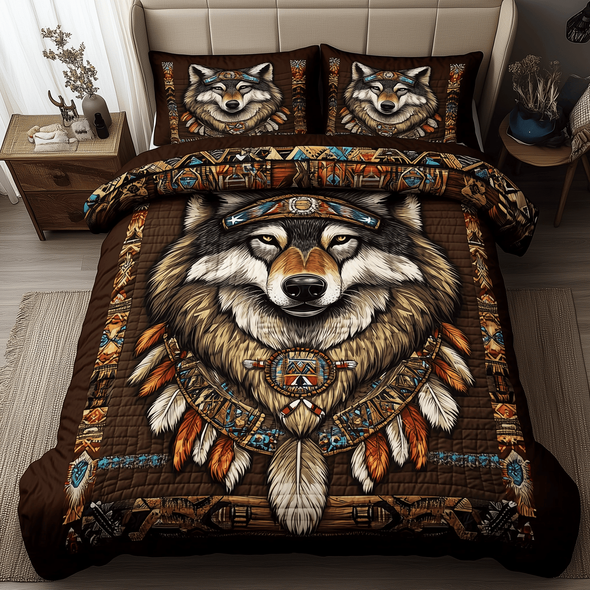 Native American Wolf 3 Piece Quilted Bedding Set Gift For Wolf Lovers