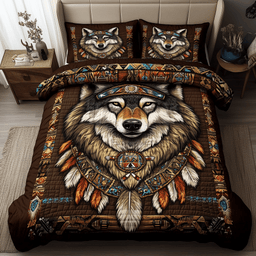 Native American Wolf 3 Piece Quilted Bedding Set Gift For Wolf Lovers