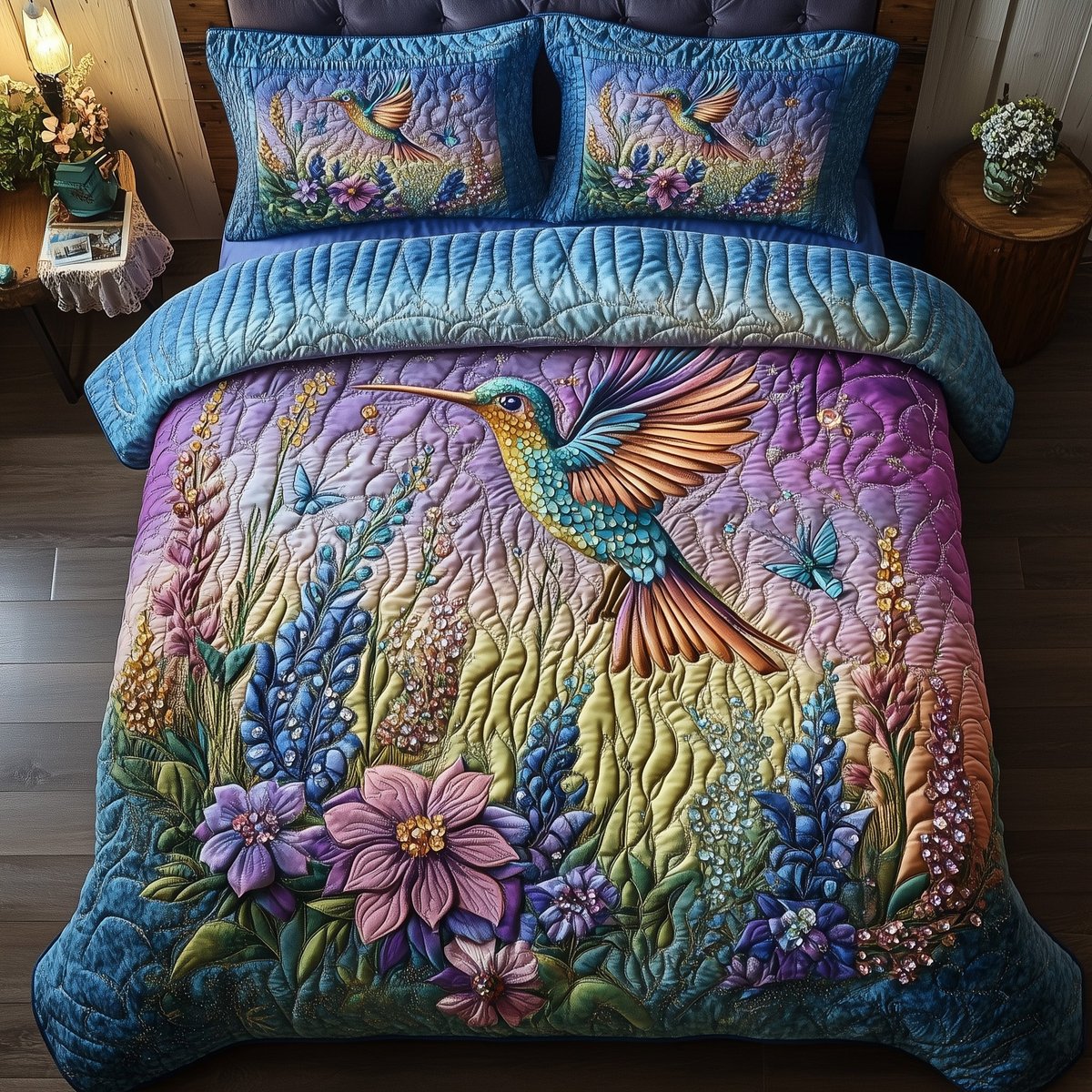 Sparkling Hummingbird 3 Piece Quilted Bedding Set Gift For Bird Lovers