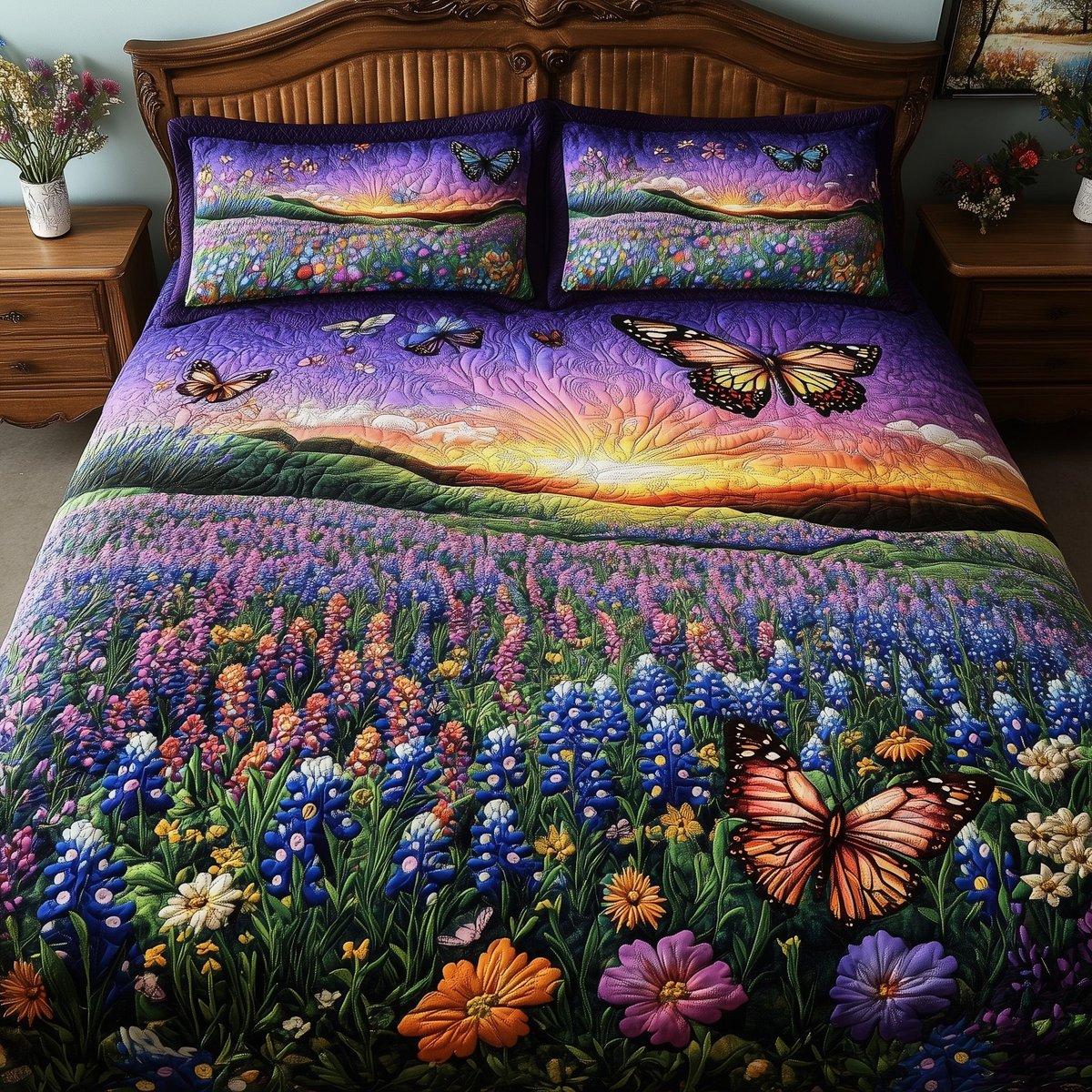 Serene Bluebonnet 3 Piece Quilted Bedding Set Gift For Western Lovers
