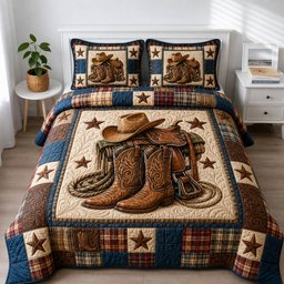 Western Cowboy 3 Piece Quilted Bedding Set Gift For Western Lovers