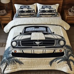 Vintage Mustang 3 Piece Quilted Bedding Set Gift For Horse Lovers