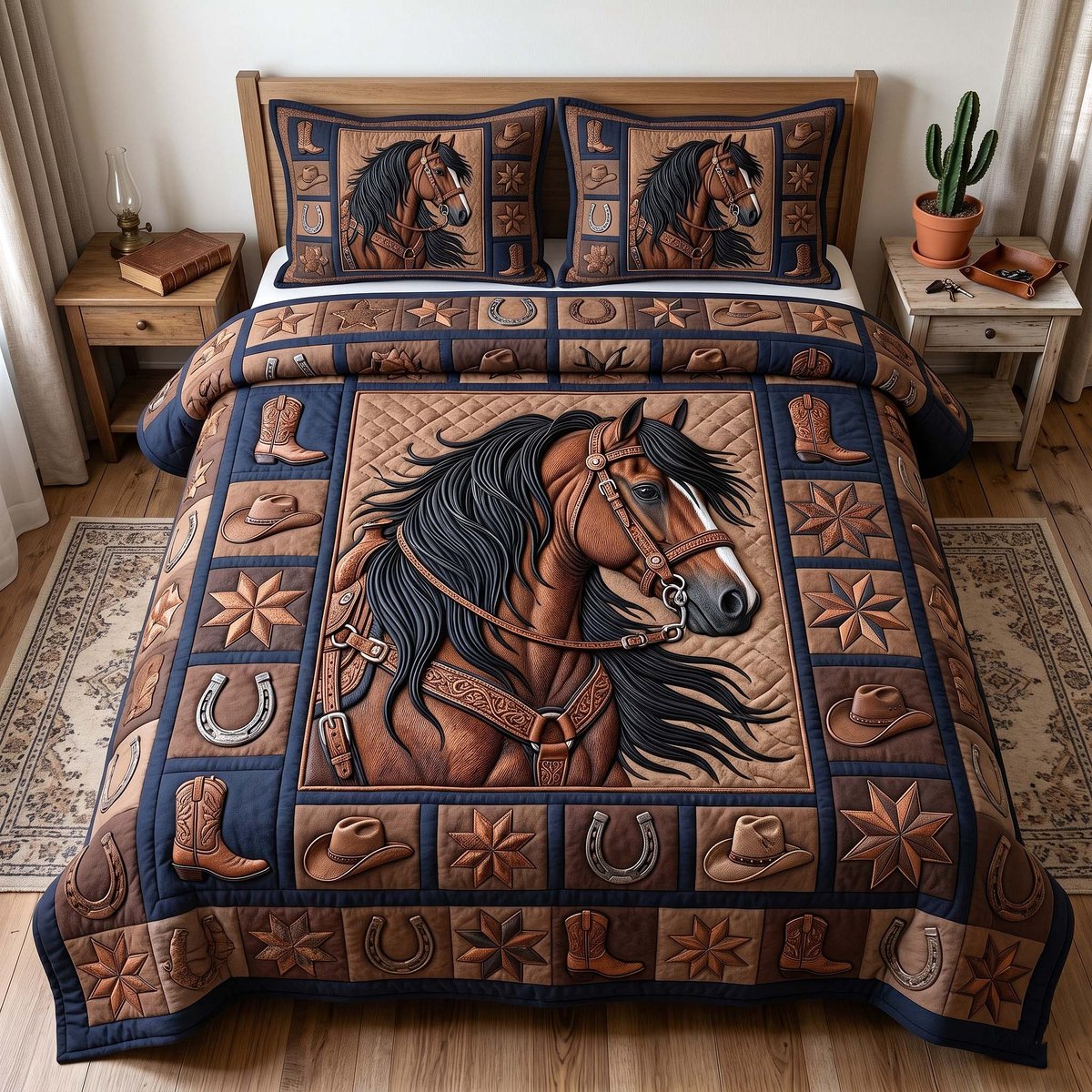 Prairie Horse 3 Piece Quilted Bedding Set Gift For Horse Lovers