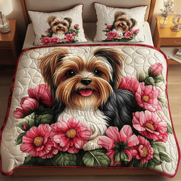 Floral Yorkshire Terrier 3 Piece Quilted Bedding Set Gift For Flower Lovers