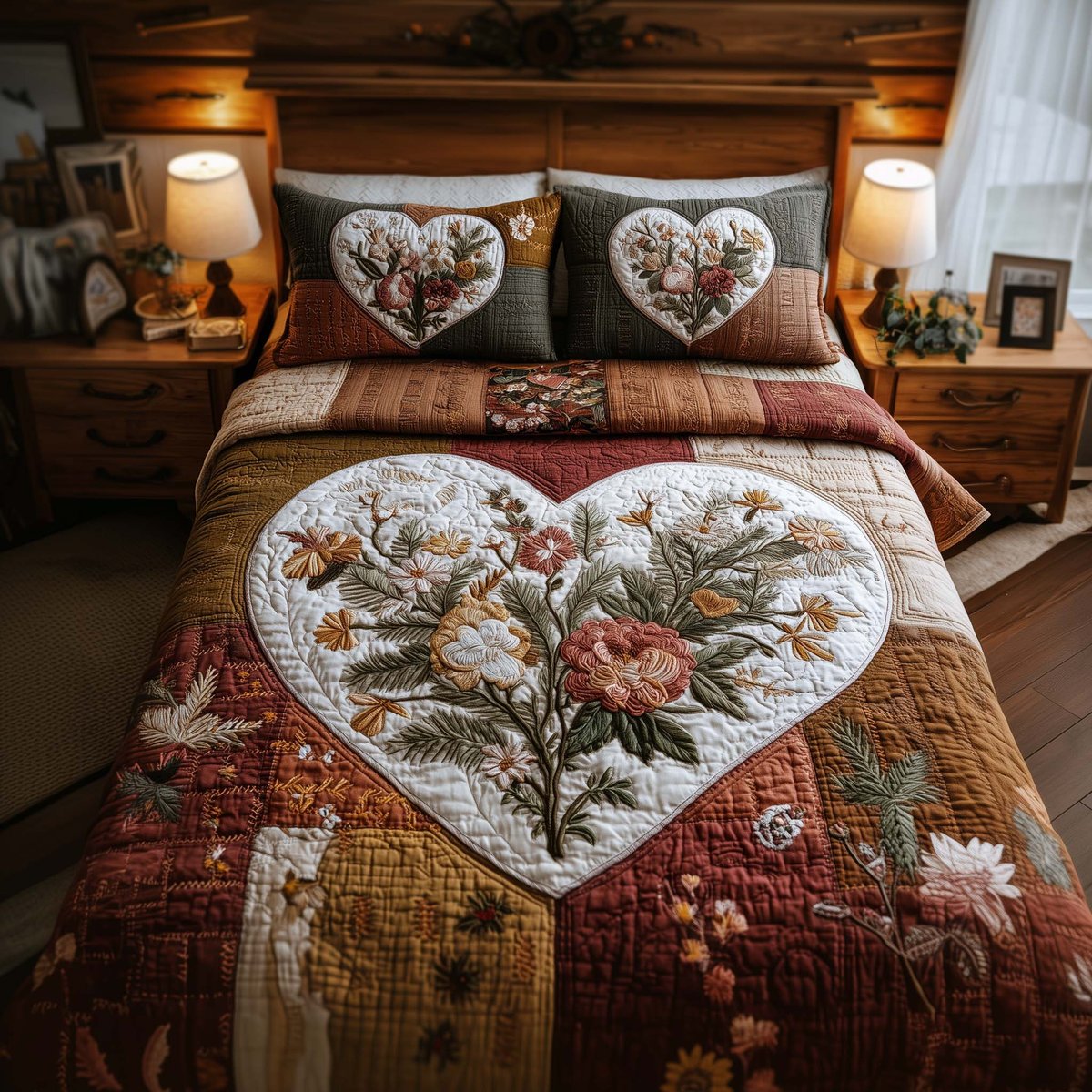 Blossom Heart Patchwork 3 Piece Quilted Bedding Set Gift For Flower Lovers