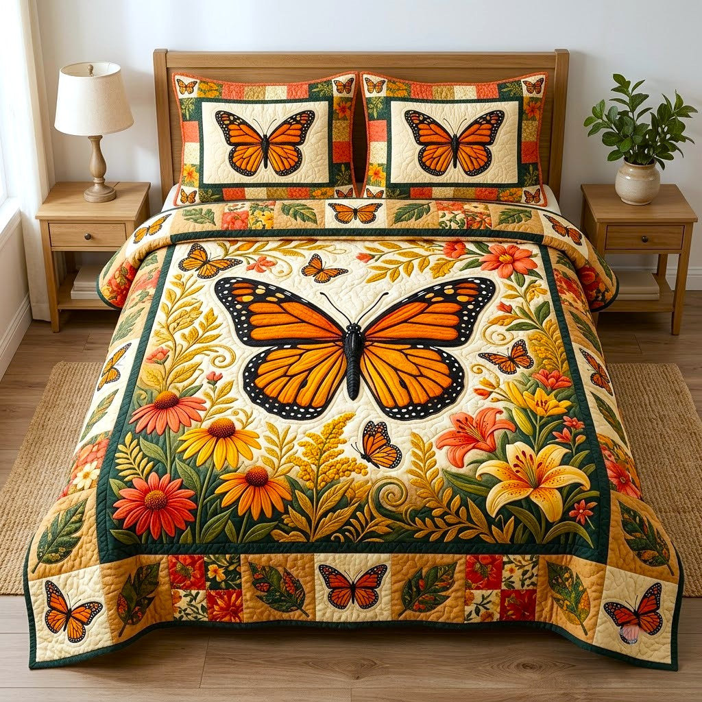 Butterfly Garden 3 Piece Quilted Bedding Set Gift For Butterfly Lovers