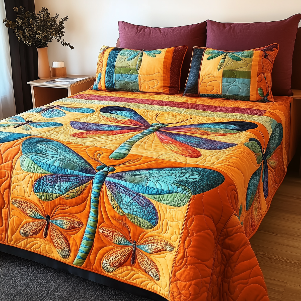 Shining Dragonfly 3 Piece Quilted Bedding Set Gift For Butterfly Lovers