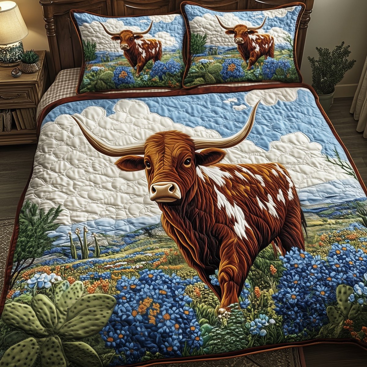 Texas Longhorn 3 Piece Quilted Bedding Set Gift For Western Lovers