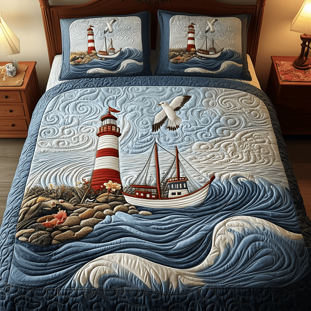 Nautical Life 3 Piece Quilted Bedding Set Gift For Beach Lovers