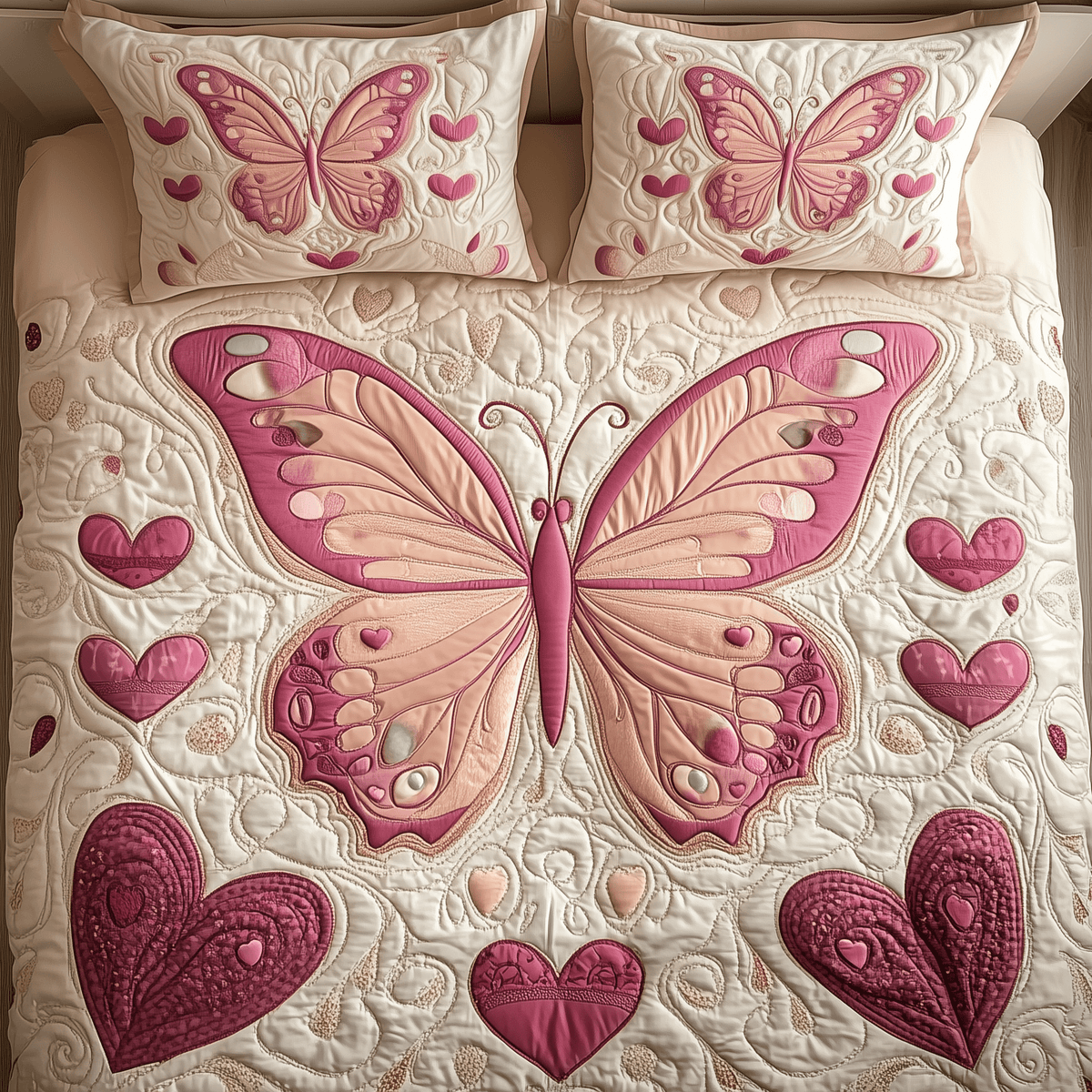 Heart Butterfly 3 Piece Quilted Bedding Set Gift For Butterfly Lovers