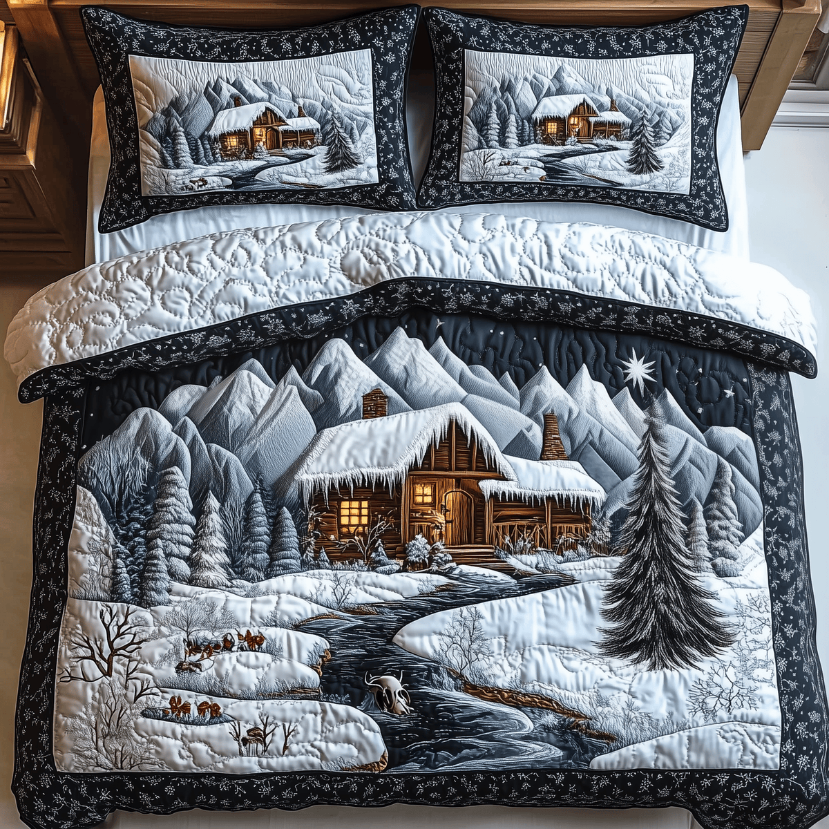 Winter Cabin Night 3 Piece Quilted Bedding Set Christmas Gift For Holiday Decor Lovers