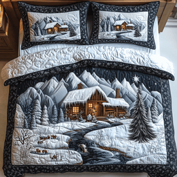 Winter Cabin Night 3 Piece Quilted Bedding Set Christmas Gift For Holiday Decor Lovers