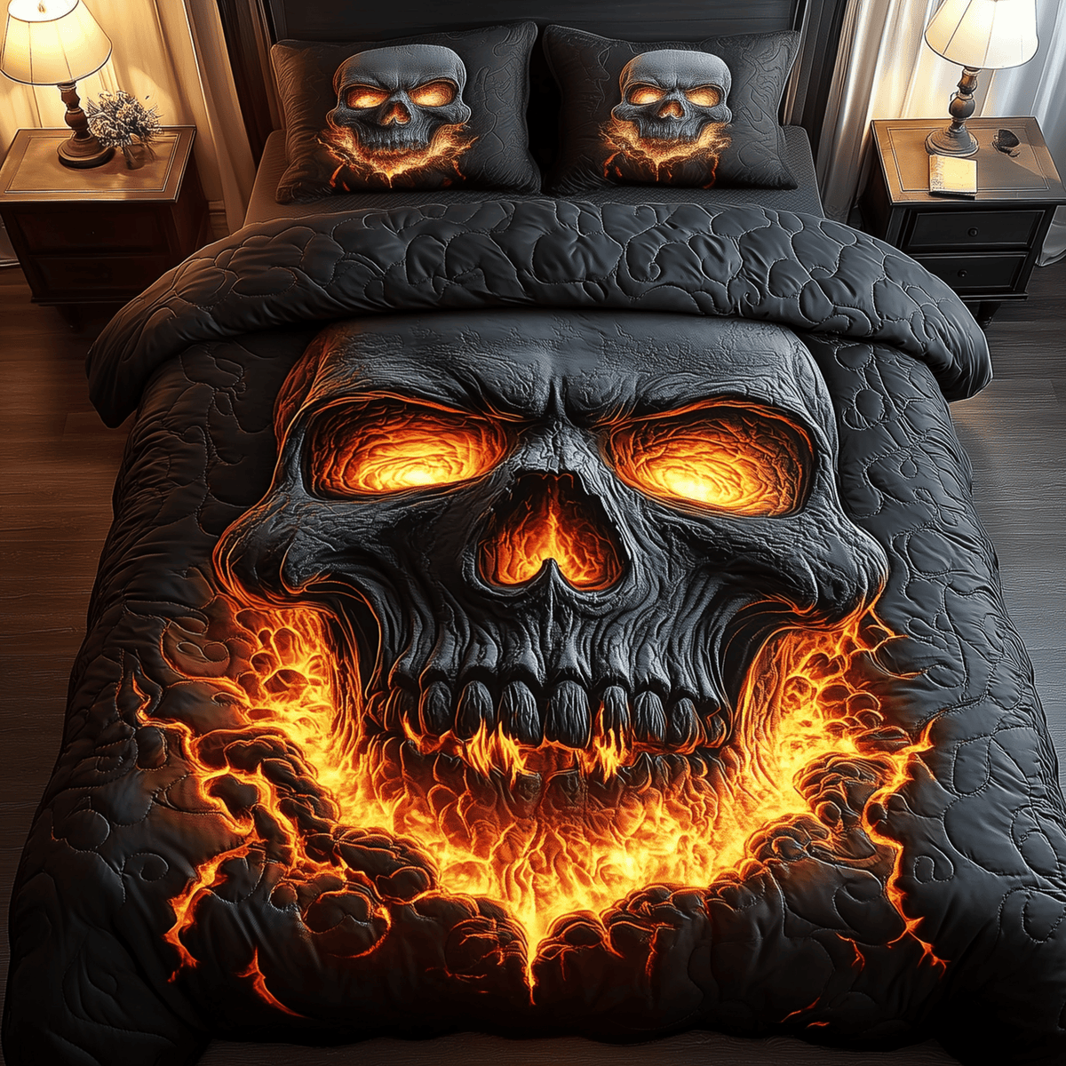 Lava Skull 3 Piece Quilted Bedding Set Gift For Gothic Decor Lovers