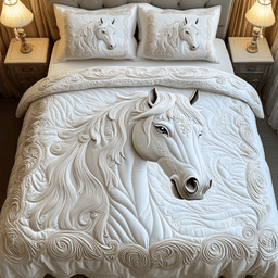 Elegant White Horse 3 Piece Quilted Bedding Set Gift For Horse Lovers