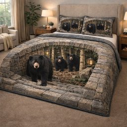 Rustic Guardian C1 Bear 3 Piece Quilted Bedding Set Gift For Bear Lovers