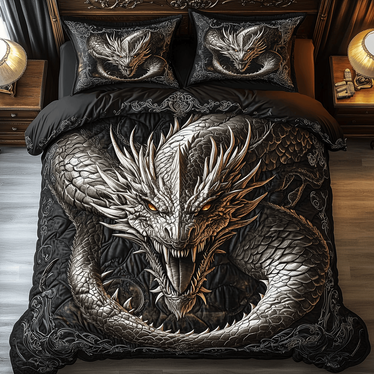 Majestic Dragon 3 Piece Quilted Bedding Set Gift For Fantasy Lovers