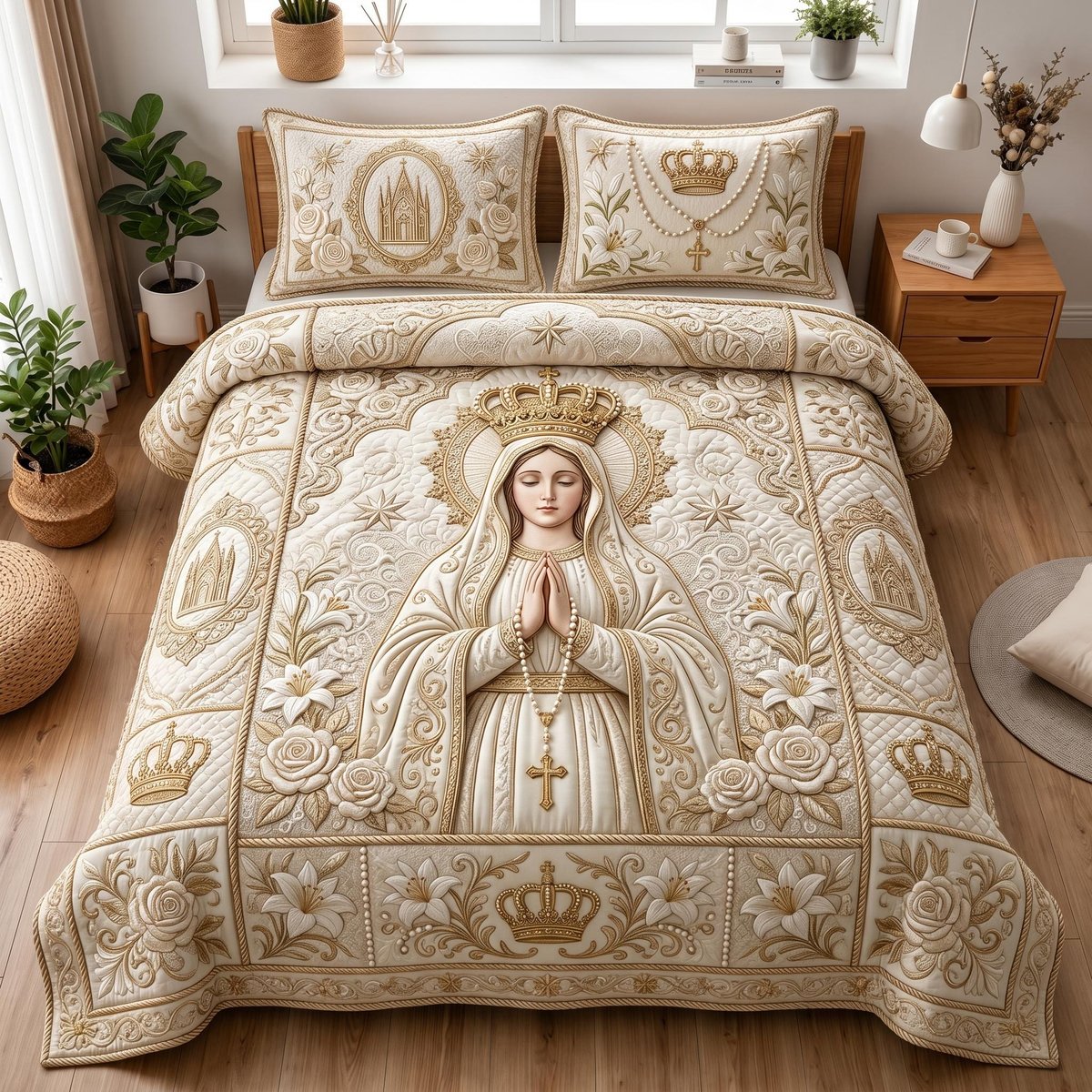 Sacred Mary Christian 3 Piece Quilted Bedding Set Gift For Christians