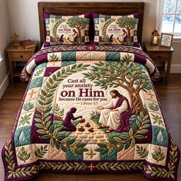 Cast Your Anxiety Christian 3 Piece Quilted Bedding Set Gift For Christians