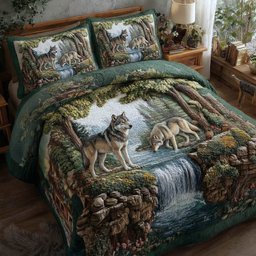 Wolf Couple 3 Piece Quilted Bedding Set Gift For Wolf Lovers