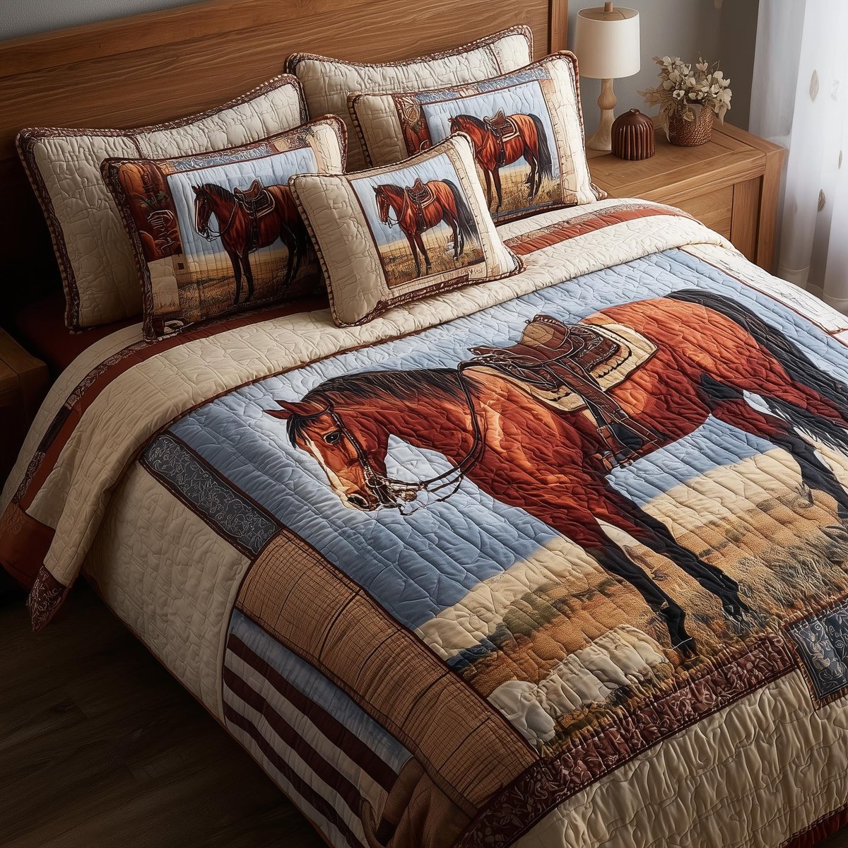 Prairie Horse 3 Piece Quilted Bedding Set Gift For Horse Lovers