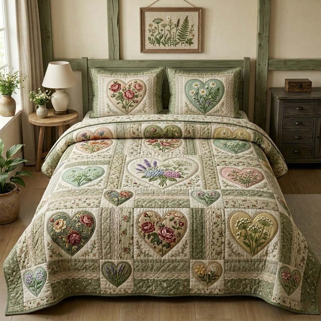 Flower Patchwork 3 Piece Quilted Bedding Set Gift For Flower Lovers
