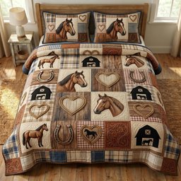 Farmhouse Horse 3 Piece Quilted Bedding Set Gift For Horse Lovers