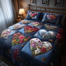 Blossom Heart Patchwork 3 Piece Quilted Bedding Set Gift For Flower Lovers