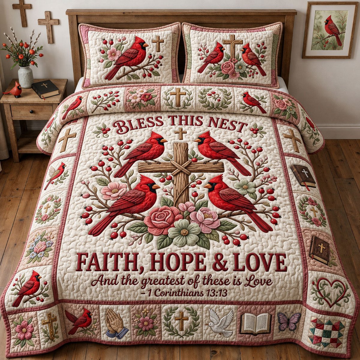 Faith Hope Love Cardinal 3 Piece Quilted Bedding Set Gift For Christians