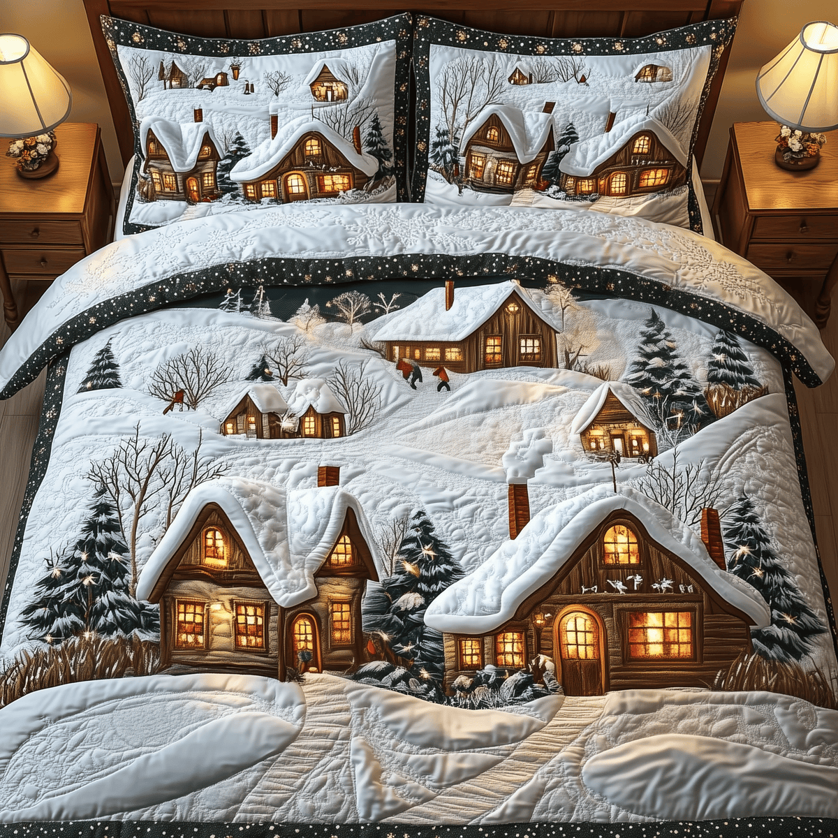 Magical Village 3 Piece Quilted Bedding Set Christmas Gift For Holiday Decor Lovers
