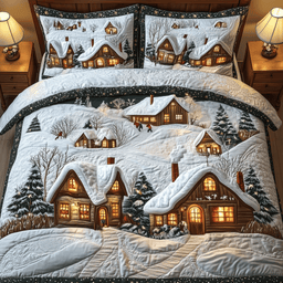 Magical Village 3 Piece Quilted Bedding Set Christmas Gift For Holiday Decor Lovers