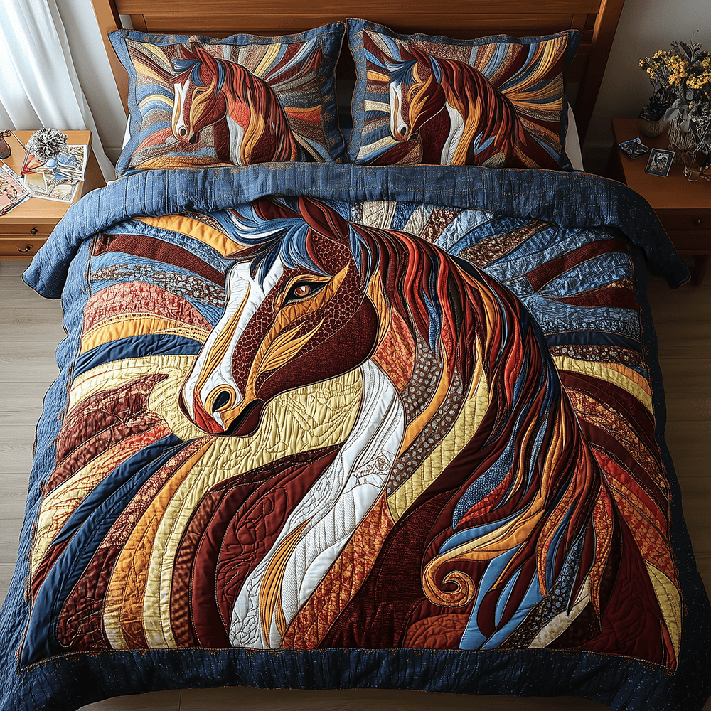 Horse 3 Piece Quilted Bedding Set Gift For Horse Lovers