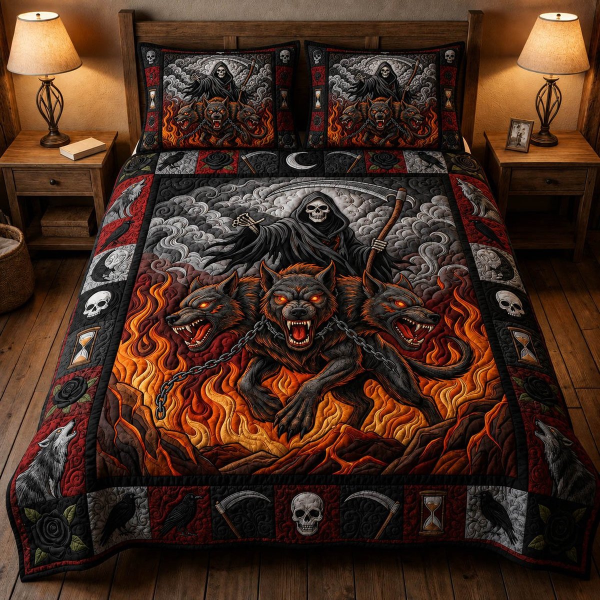 Grim Reaper 3 Piece Quilted Bedding Set Gift For Cat Lovers