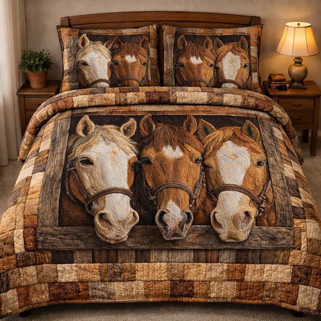 Three Ranch Horses 3 Piece Quilted Bedding Set Gift For Horse Lovers