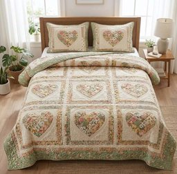 Flower Patchwork 3 Piece Quilted Bedding Set Gift For Flower Lovers